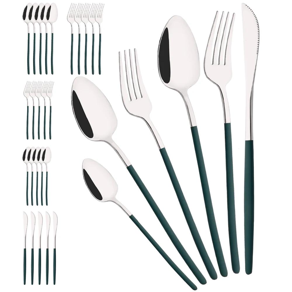 36Pcs Black Cutlery Sets Stainless Steel Knife Fork Spoon Tableware Dessert Mirror Flatware Set Festival Kitchen Dinnerware Gift