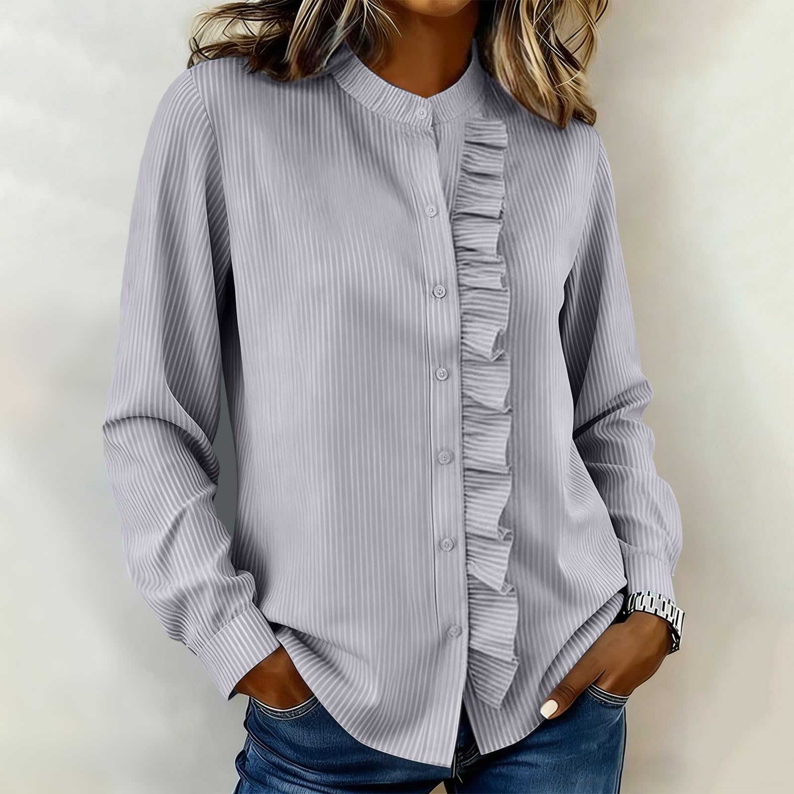 

Women s Fashion Loose-Fit Lace-Trim Pleated Stand Collar Shirt Striped Top L