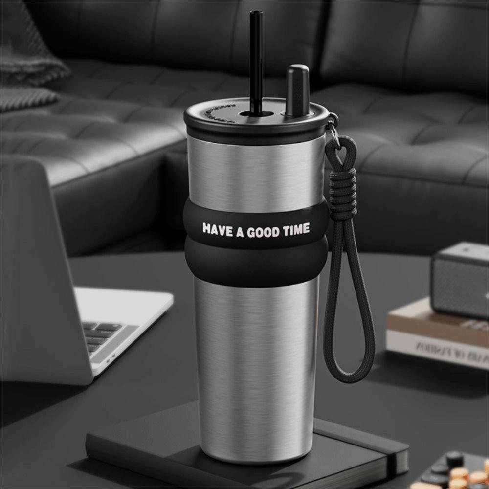Stainless Steel Vacuum Insulated Bottle Large Capacity Large Caliber Thermal Cup with Lifting Rope With Straw Insulated Cup Gym