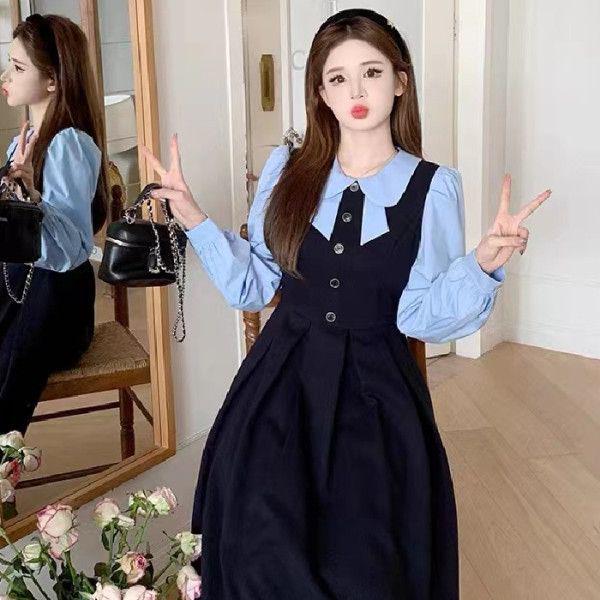 2025 Autumn/Winter College Style Patchwork Doll Collar Waist-Cinched Slimming Skirt