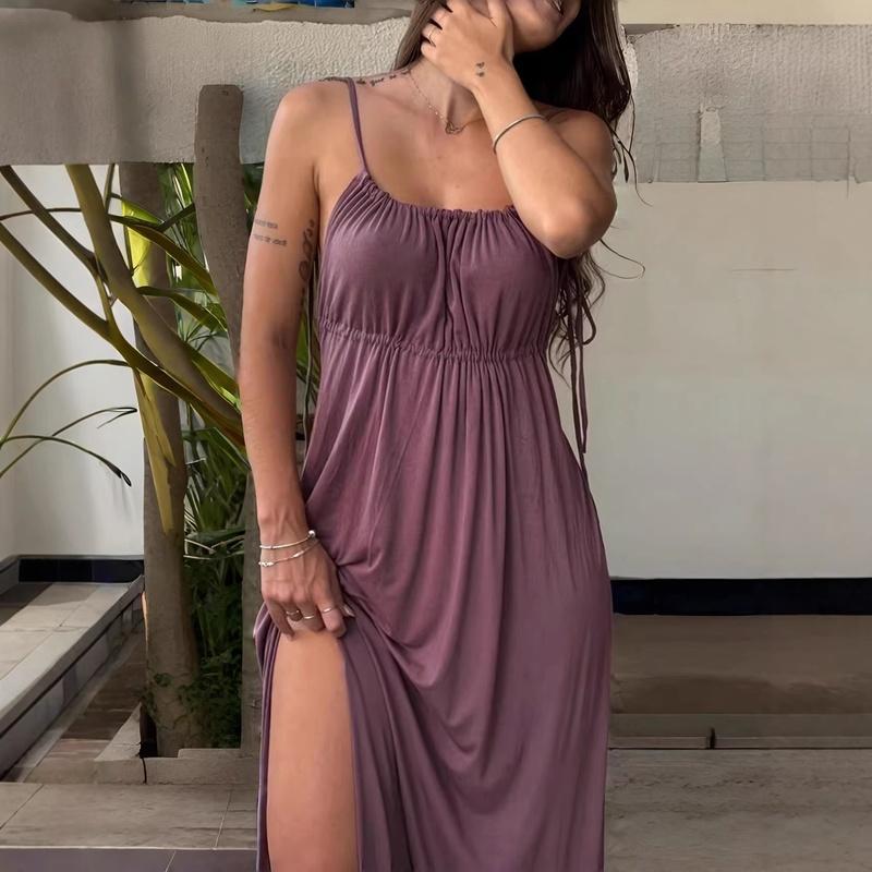 Women's Spaghetti Strap Maxi Dress Drawstring Bust Loose Fit Side Slit Summer Dress