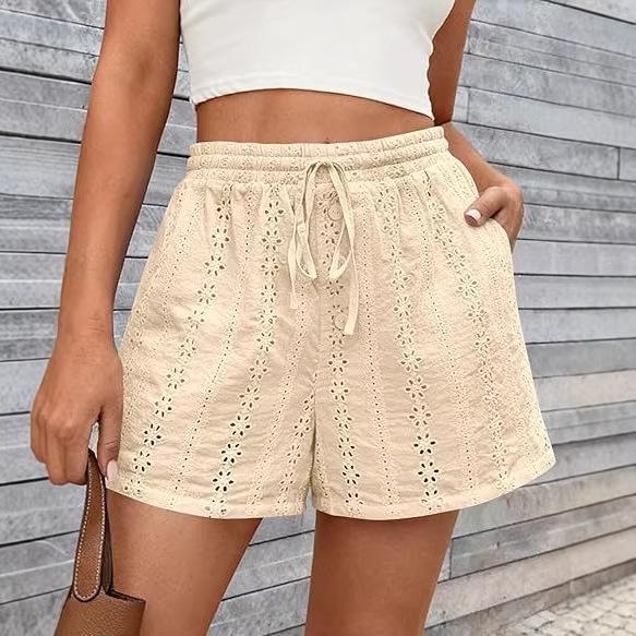 2026 European and American Women's Casual Hollow Elastic Drawstring Beach Shorts in Solid Color