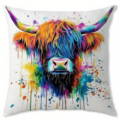Home Decor Colorful Highland Cow Pillow Covers with Splashes Pattern Cushion Cover Suitable for Sofa Bedroom Car Pillow Cover