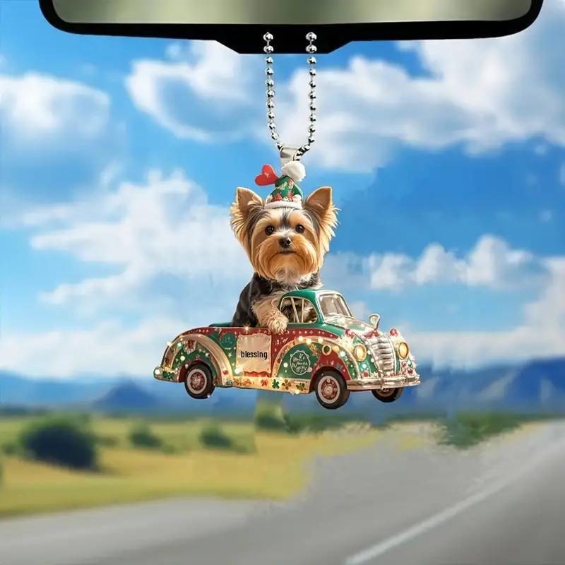 Christmas Yorkie Dog Acrylic Pendant for Car Rearview Mirror