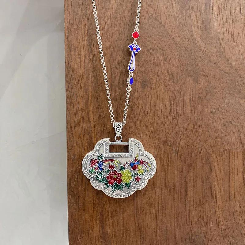 Classic National Style Enamel Colored Pastoral Style Flower And Phoenix Ruyi Lock Pendant   Necklace For Women Jewelry