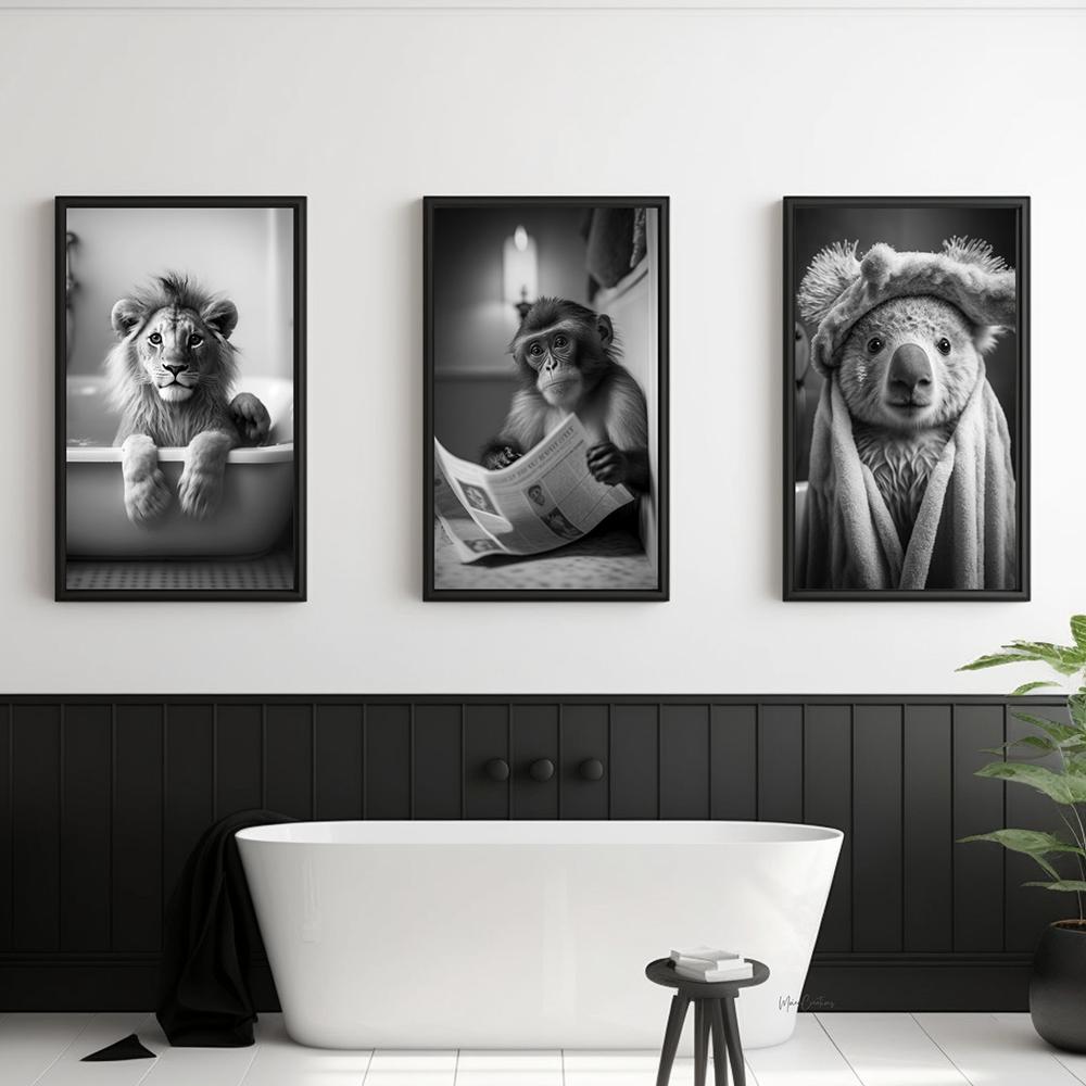 Lustige Badezimmer Kunstdrucke Dschungel Tier Toilette Humor Schwarz Weiß Safari Tier Leinwand Malerei Badezimmer Bilder Wohnkultur