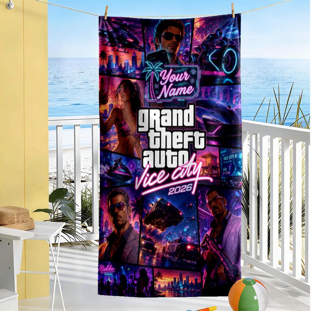Grand Theft Auto Personalized Text Beach Towel Super Soft & Absorbent Ideal for Travel Outdoor Swim Pool Yoga Surf Camping Hiking Gym Gift Holiday