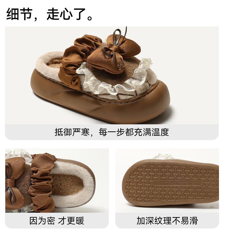 Bow cotton slippers are cute in winter, home use thick bottom to keep warm, and non-slip plush cotton for winter wear.