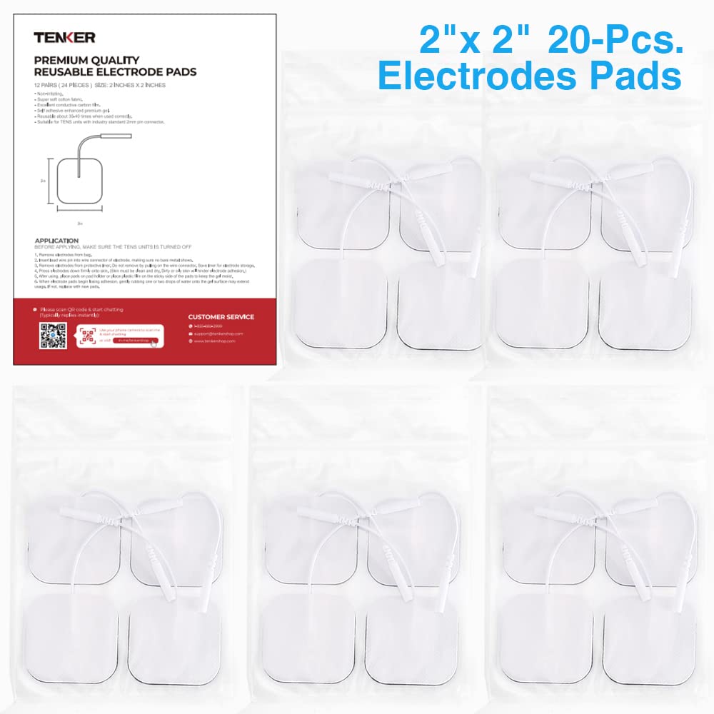 TENKER TENS Unit Сменные электроды 2x2  Многоразовые электроды для TENS - 20 шт. 3-го поколения Без латекса Самоклеящиеся патчи для электротерапии Совместимые с