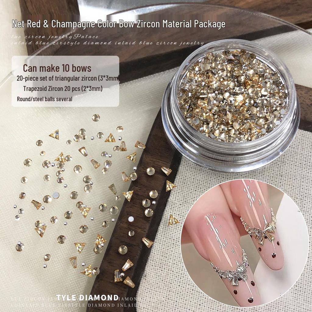 Rhinestone Bow Zirconia Nail Art Kit: Mixed Triangle, Trapezoid, Steel Beads & Rhinestones.