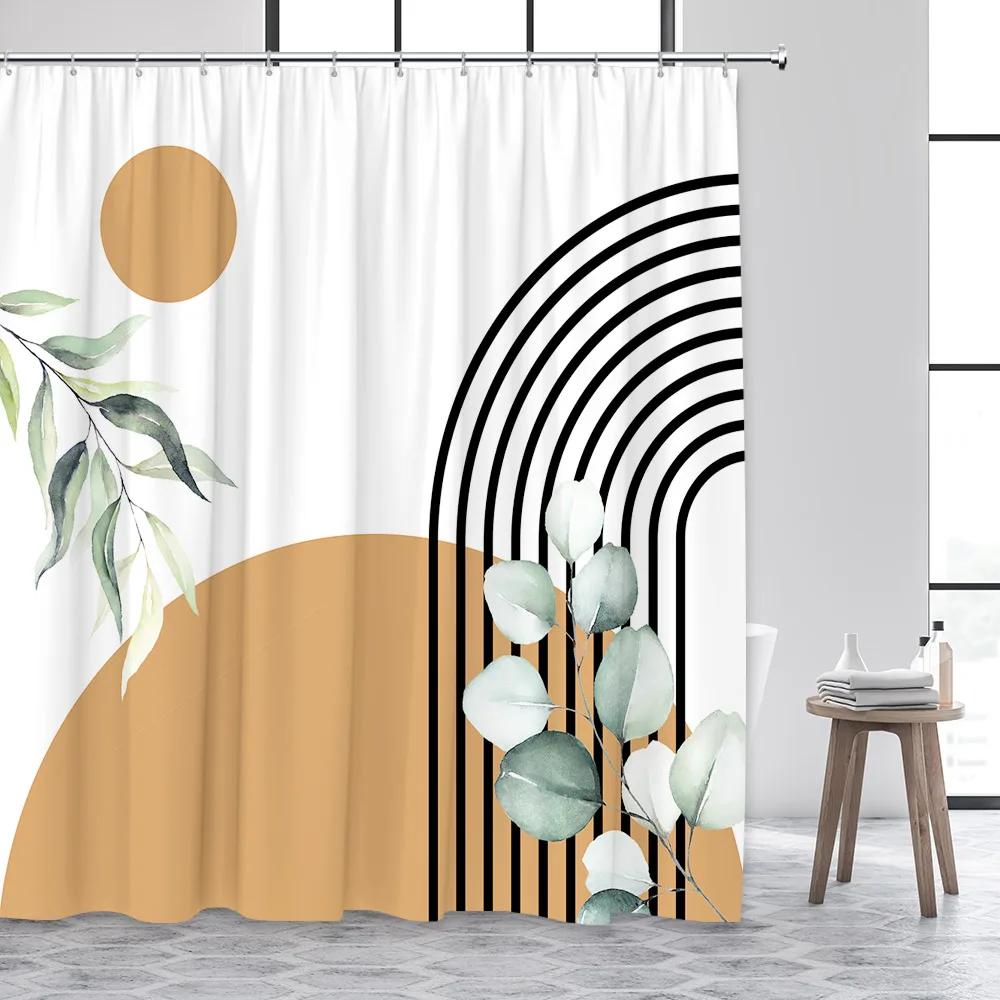 Abstract Mid Century Shower Curtains Boho Arch Sun Beige Modern Minimalistic Home Bathtub Bathroom Curtain Fabric Decoration Set