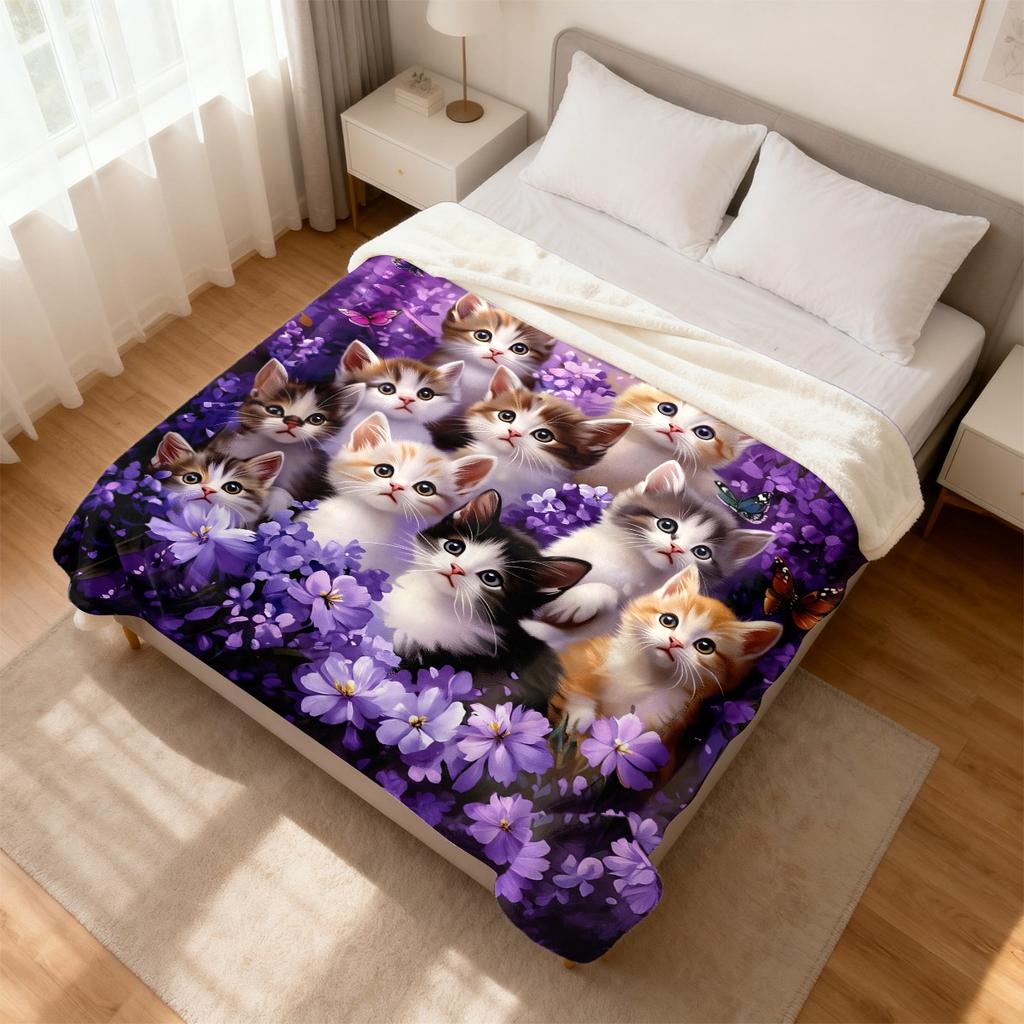 Kitten Flower Butterfly Print Warm Blanket for Napping Camping Travel, Ideal Holiday Gift for Family Friends