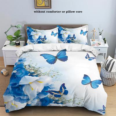 3pcs Blue Bedding Set Fresh Style Butterfly Print Cozy Soft Duvet Cover King Queen Twin Size Birthday Gift Adult Bedroom Decor