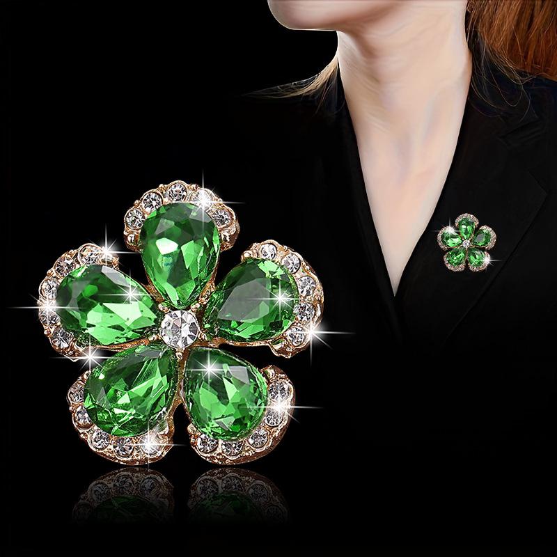 Elegant Rhinestone Four-Leaf Clover Brooch Pin for Women