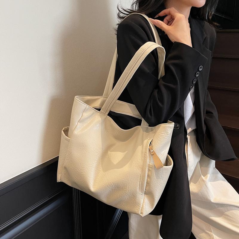 PU Shoulder Bag Women Solid Color Large Capacity Handbag Commuter Tote Bag