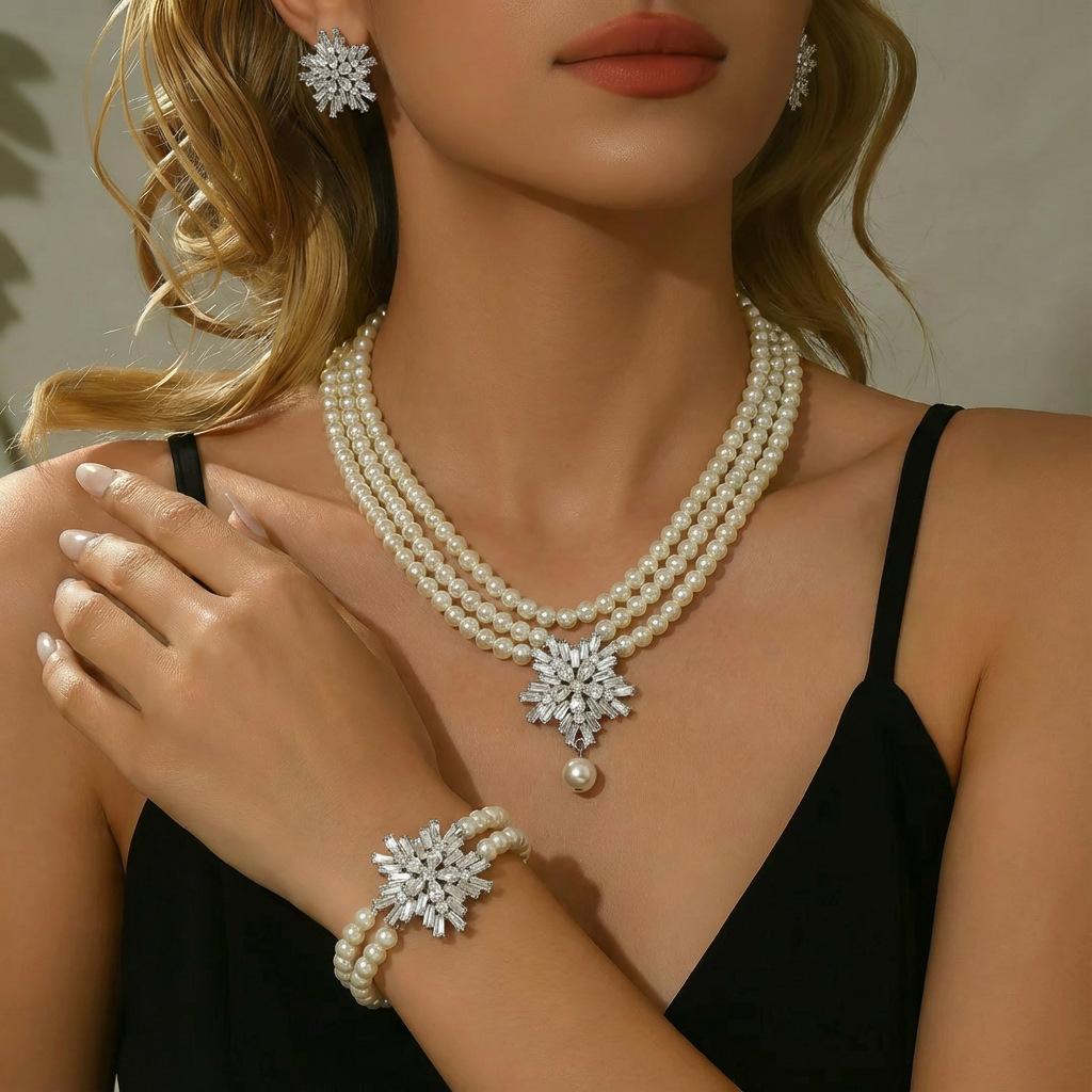 Imitation Pearl Necklace Earrings Bracelet Three-piece High-end Prom Bridal Dress Jewelry Set Fashion Accessories