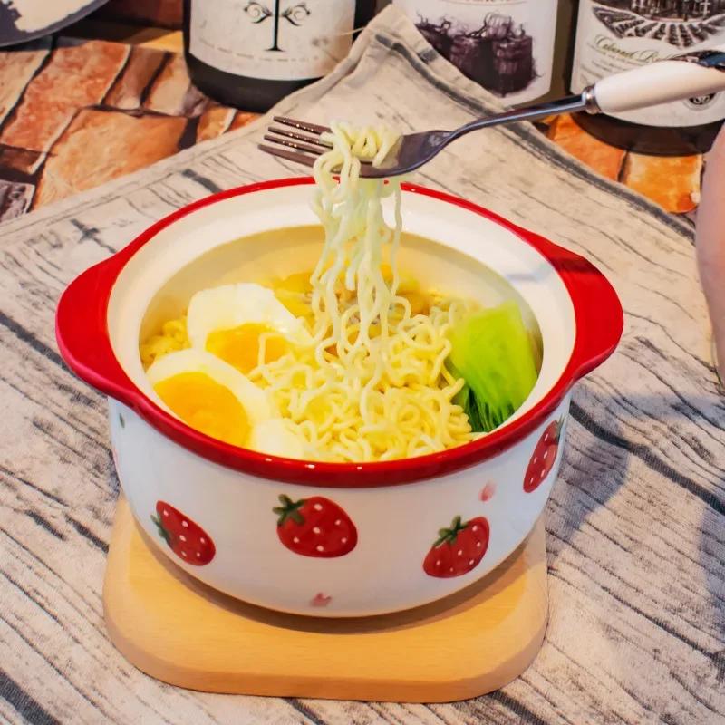 Cute Kitchen Large Instant Noodles Fruit Salad Rice Soup Bowl Tableware With Lid Strawberry Peach Ramen Bowl