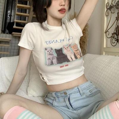 Summer Cat Print Slim Fit White Short Sleeved T-Shirt For Women