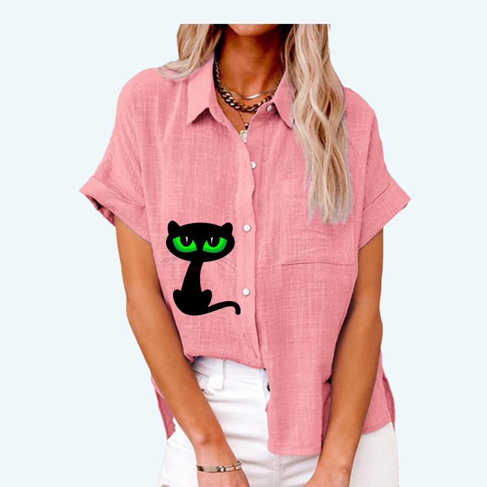 Damenmode Reverskragen Top Sommer&Herbst Lässiges Kurzarm T-Shirt Leinenblusen mit Tasche Katzendruck Strickjacke Lockeres Hemd