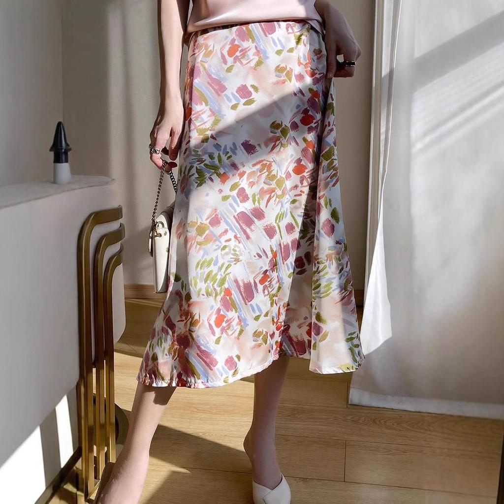 Women's High-Waist Silk A-Line Mid-Length Satin Skirt with Print