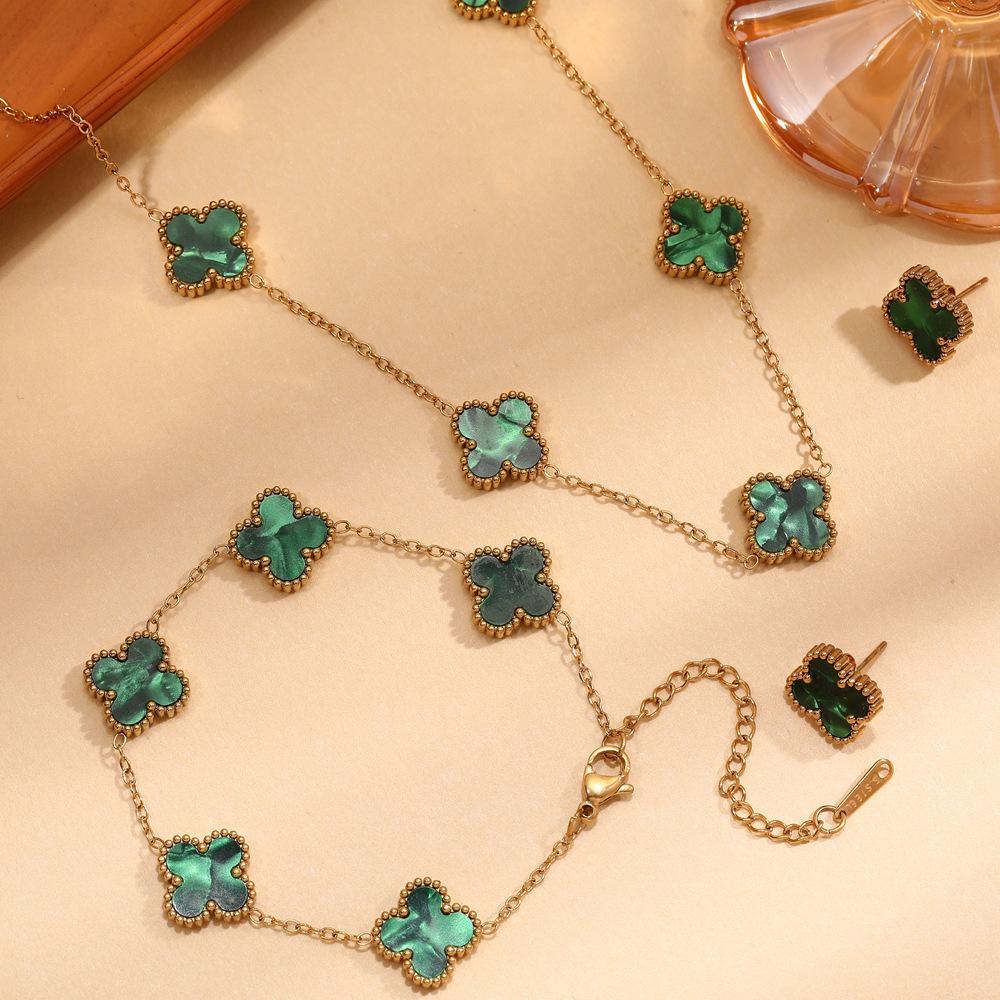 

3 шт. титановая сталь не выцветает двухсторонний клевер набор ожерелье женская мода темперамент ключица цепочка браслет комплект серег