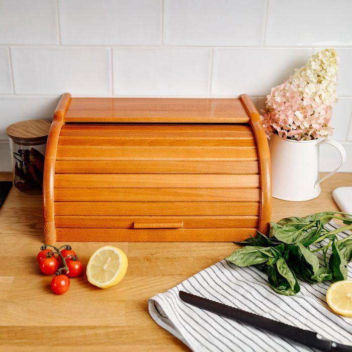 Boîte à Pain - Creative Home - Aulne - Bois de Hêtre - 38 x 28,5 x 17,5 cm - Couvercle en Rouleau