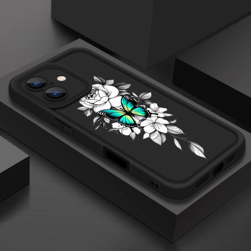 Coque Antichoc à Motif Floral Papillon Pour iPhone 16 Pro Max 15 Plus 14 Pro 13 12 11 XS XR 8 7 TPU Souple Mat Silicone Coque de Téléphone