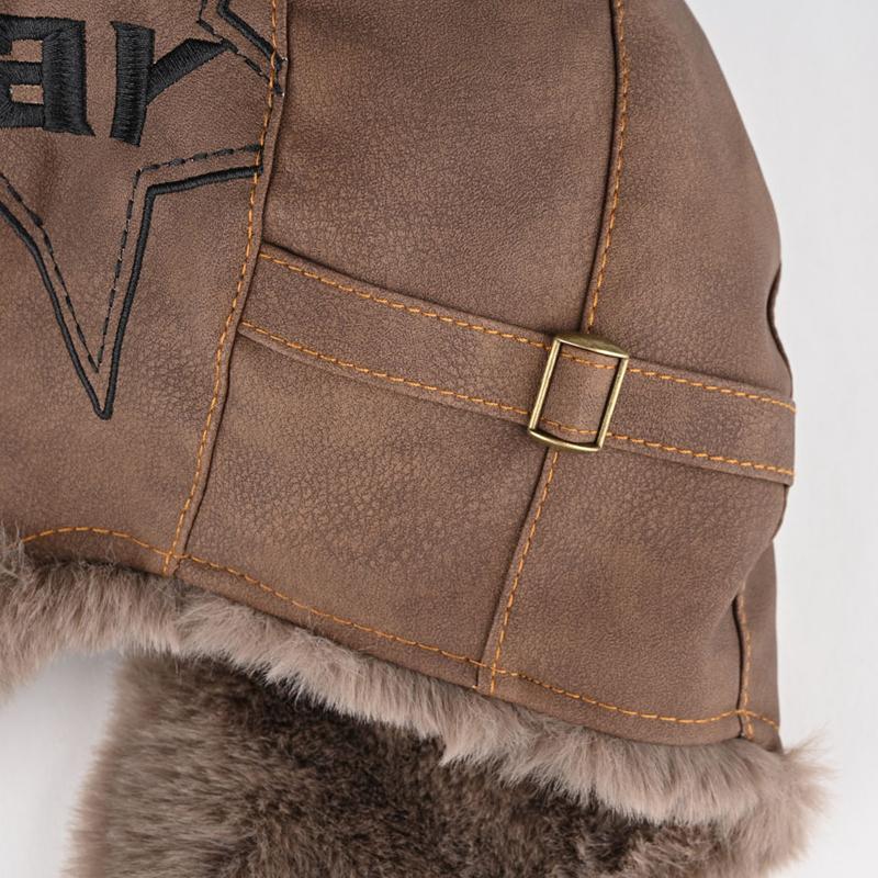 Men Winter Bomber Hat Outdoor Motorcycle Windproof Warm Faux Fur Pilot Earflap Hat Leather Thermal Ushanka