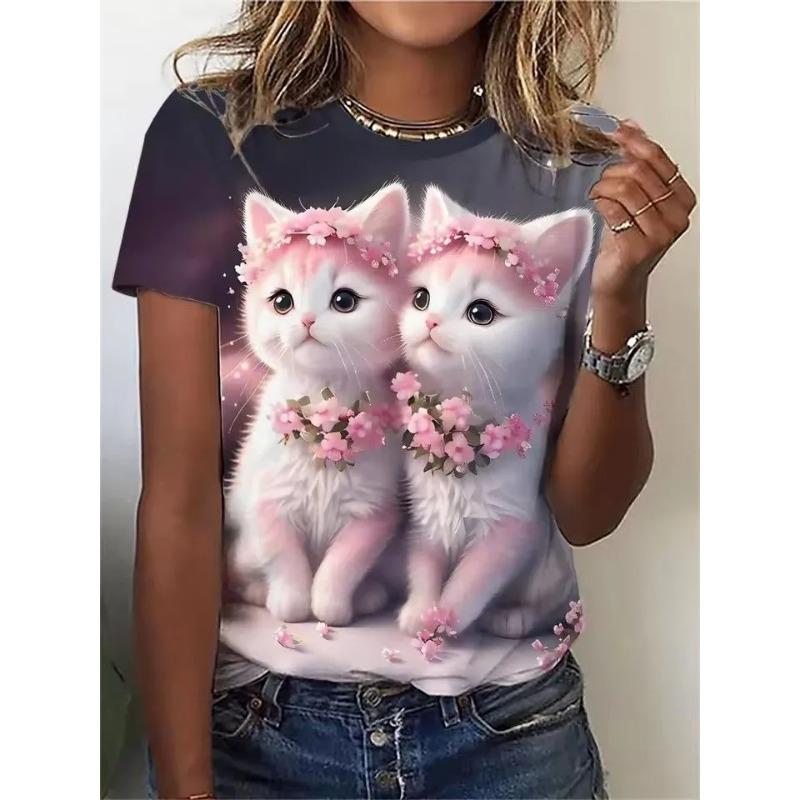 Summer Round Neck 3D Cute Cat Pattern Print Top Fashionable Casual Short Sleeved Women's T-shirts