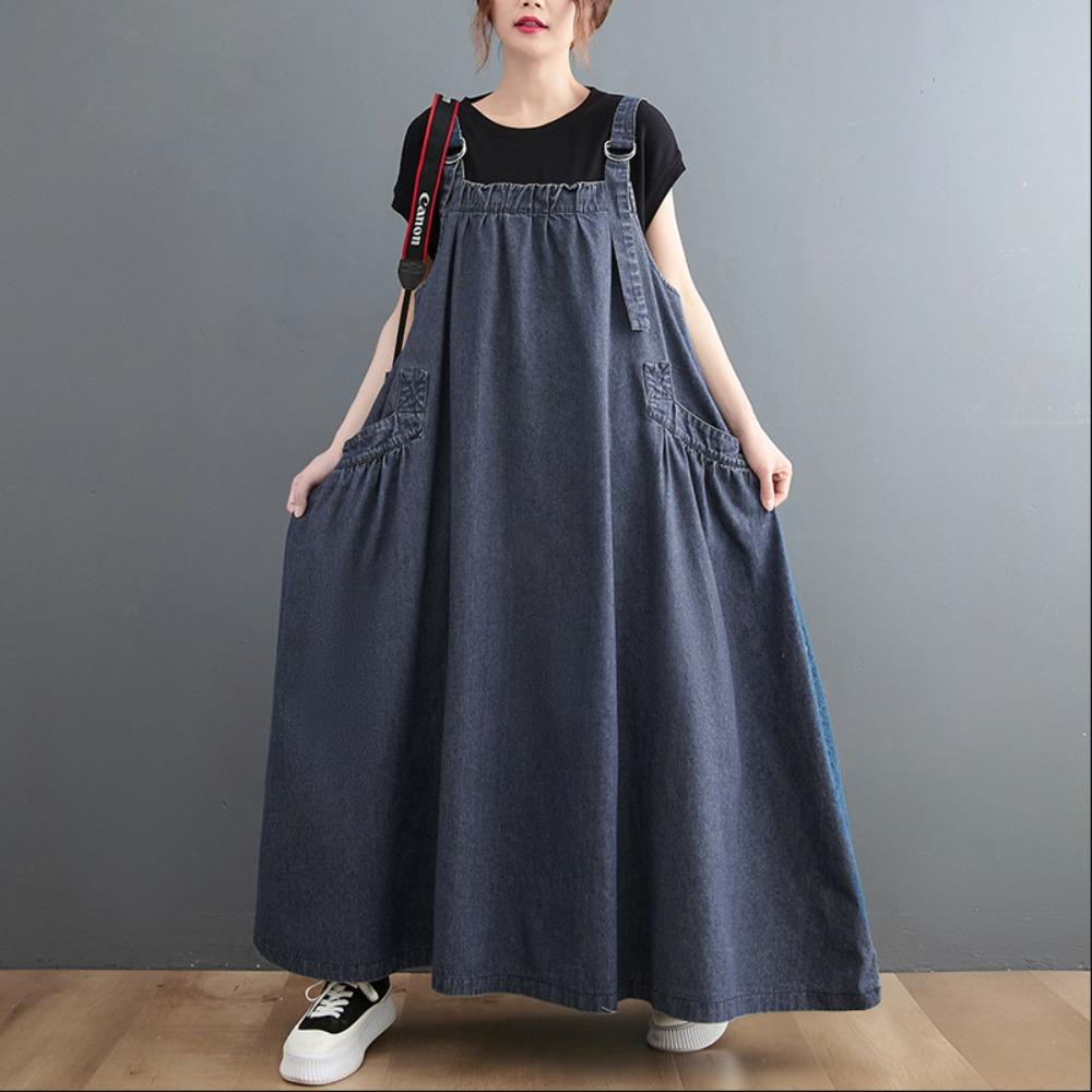 Vestito Salopette in Denim Lavato Retrò da Donna Vestibilità Larga Lungo Maxi Linea ad A Casual Tuta Vestito