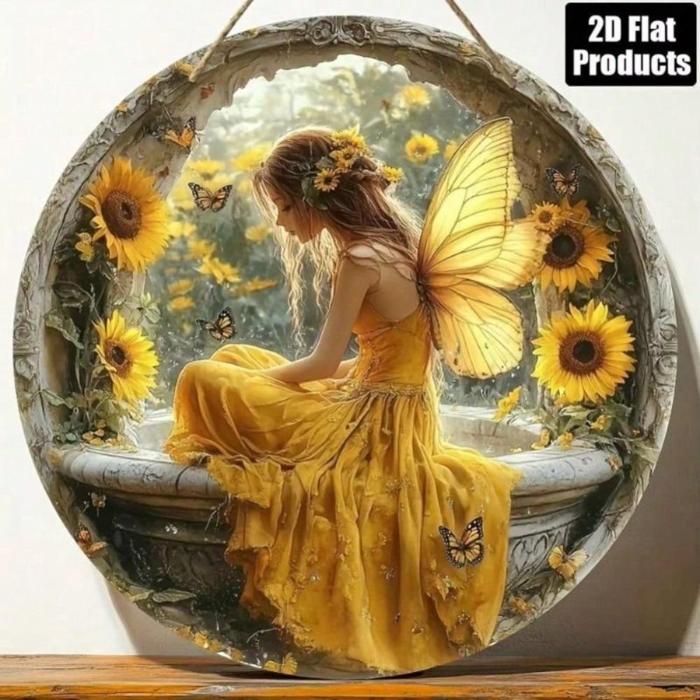 Vintage Sunflower Fairy Metal Poster Round Wall Art for Living Room