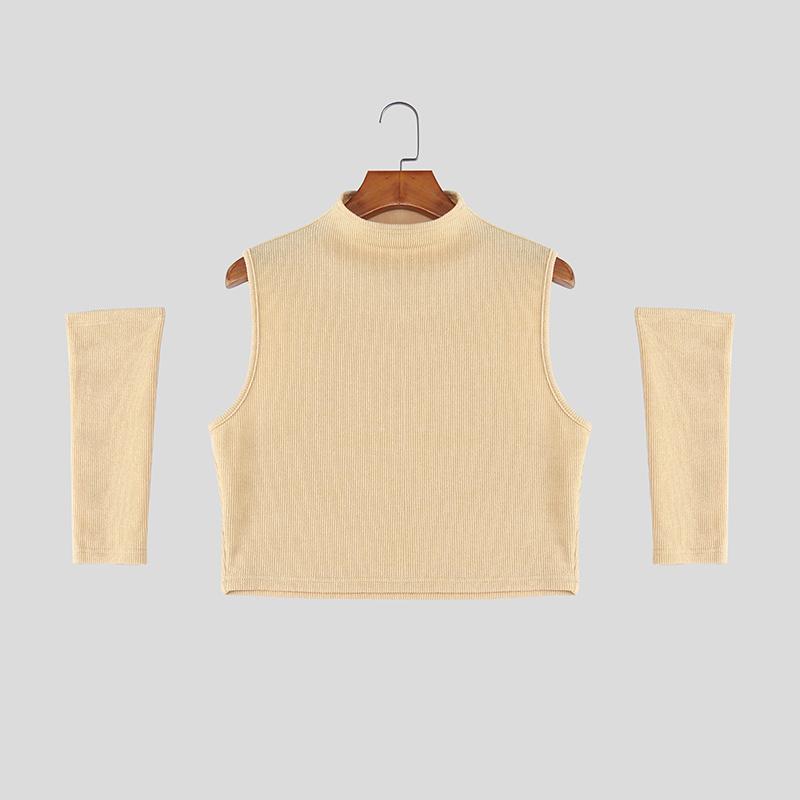 INCERUN Men Mockneck Sleeveless Rib Casual Fitted Cropped Tank Tops with Oversleeve
