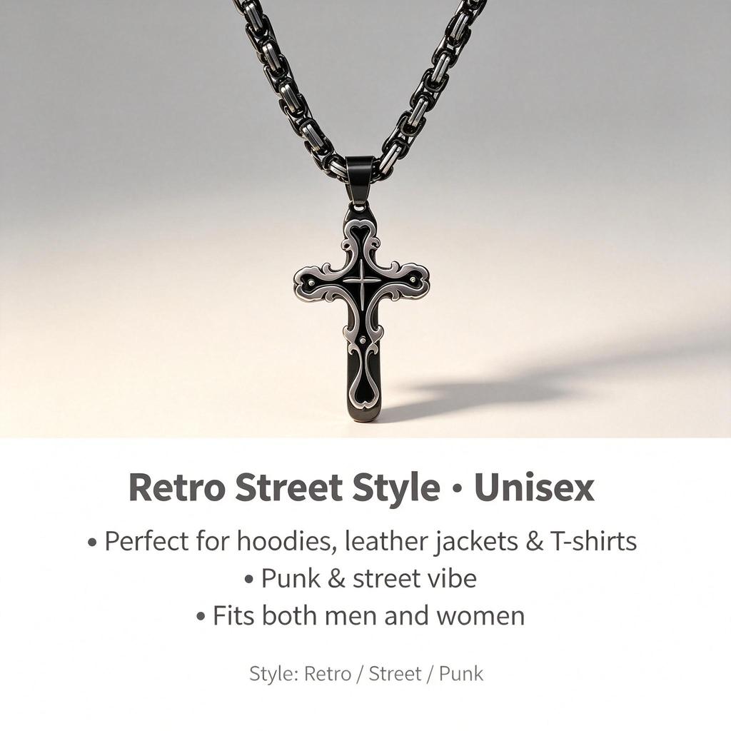 Embossed Single‑Layer Cross Pendant Necklace, Stainless Steel Imperial Chain Fashion Personality Jewelry for Men Women