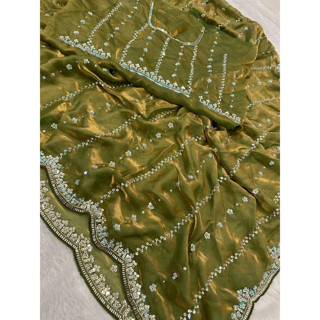 Luxury Fandy Satin Saree with Beads & Sequins Embroide