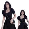 2024 High-end Hepburn Style Black Puff Sleeve Slimming Dress for Women