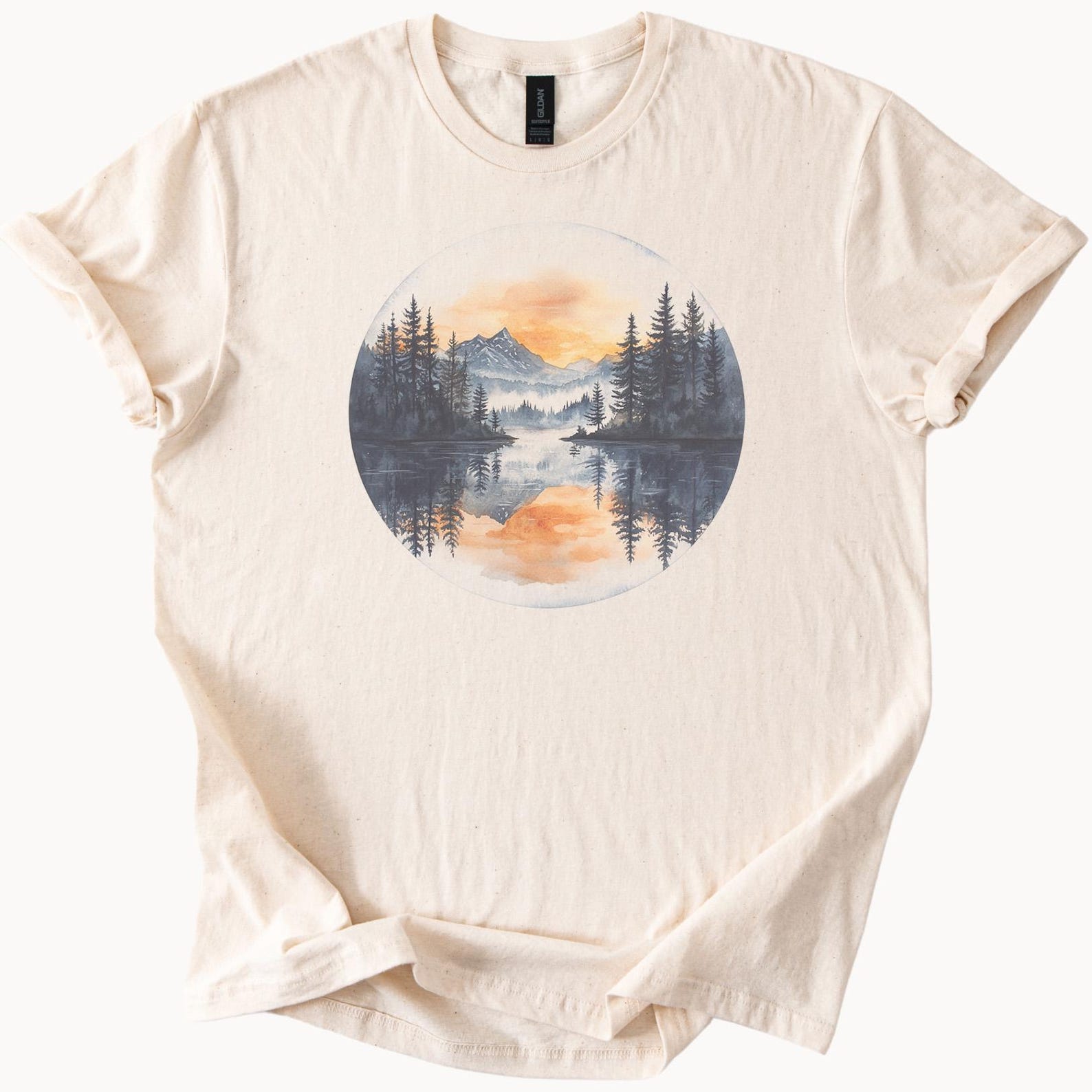 Mountain Lake Sunset Reflection Graphic T Shirt Nature Forest Landscape Tee Watercolor Art Outdoors Hiking Adventure Shirt Gift 110
