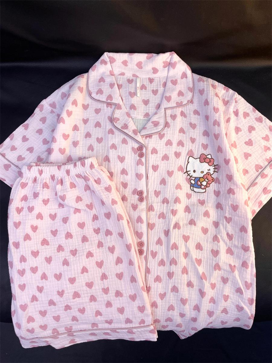 

Japanese full print love Hello Kitty pajamas women s summer cardigan lapel short-sleeved shorts set can be worn outside loungewear S