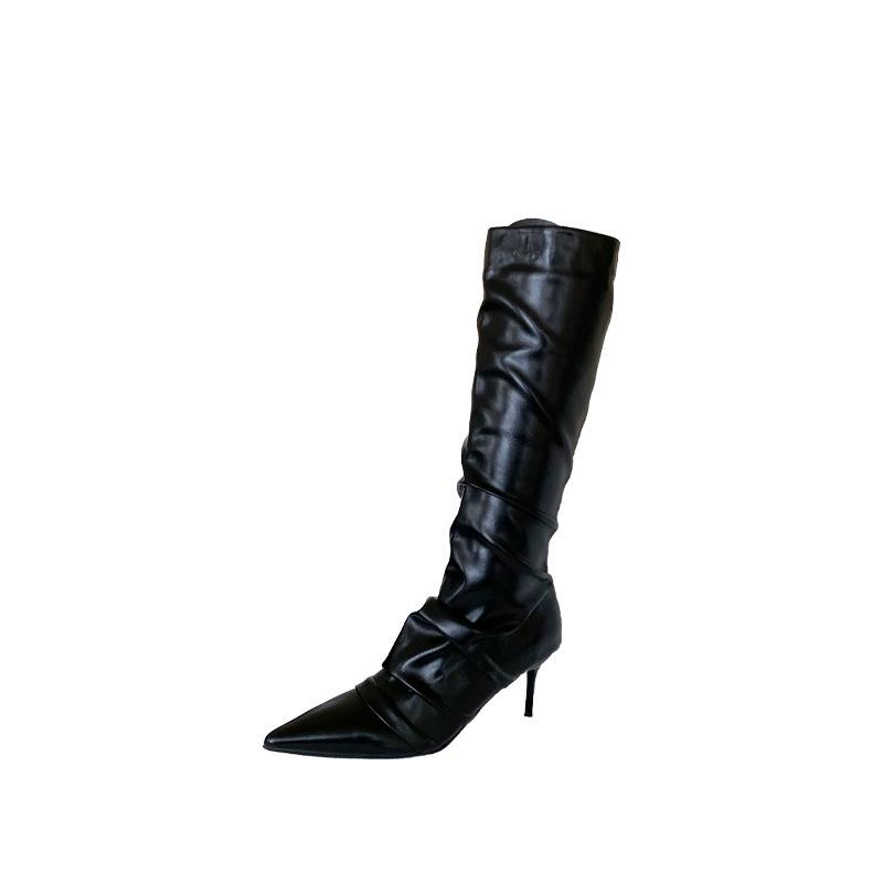 2025 autumn and winter new European and American pointed head thin heel high heel temperament French fold fashion sexy beautiful women boots