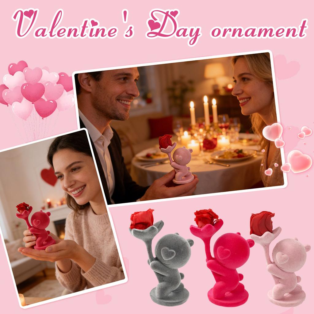 Valentine's Day Bear Figurine | Decorative Animal Art Flocked Desktop Ornament