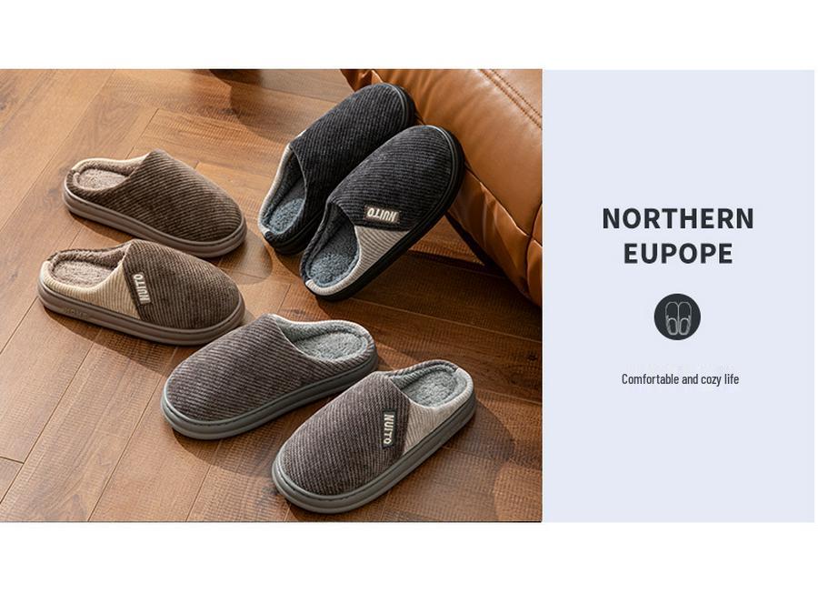 Men's Minimalist Non-Slip Indoor Cotton Slippers - Fleece-Lined, Thick Sole, Color Block, Autumn/Winter Warm Shoes