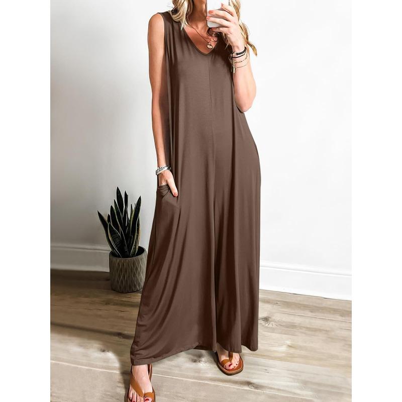 Women's Fashion Casual Summer Spring Solid Color Print Sleeveless V-Neck Loose Waistline Trousers Jumpsuits & Rompers