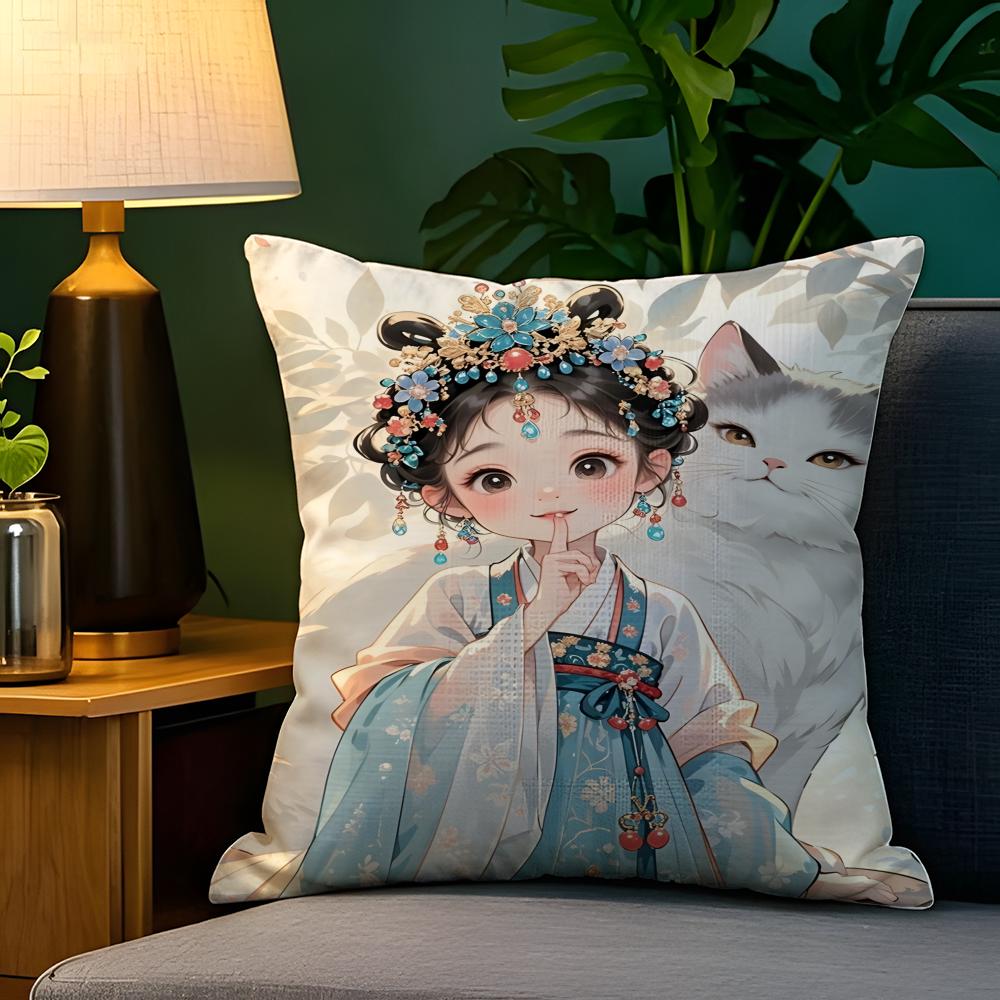 Eastern Aesthetics China Costume Girl 1 Pillow Case Natural Linen Pillow Case Double-Sided Decor Sofa Pillowcase Home Decor