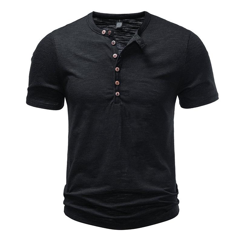 

Мужская винтажная футболка-henley из фактурного хлопка - с планкой на 5 пуговиц, воротником-стойкой, изогнутым подолом - повседневные топы разных однотонных цветов S чёрный