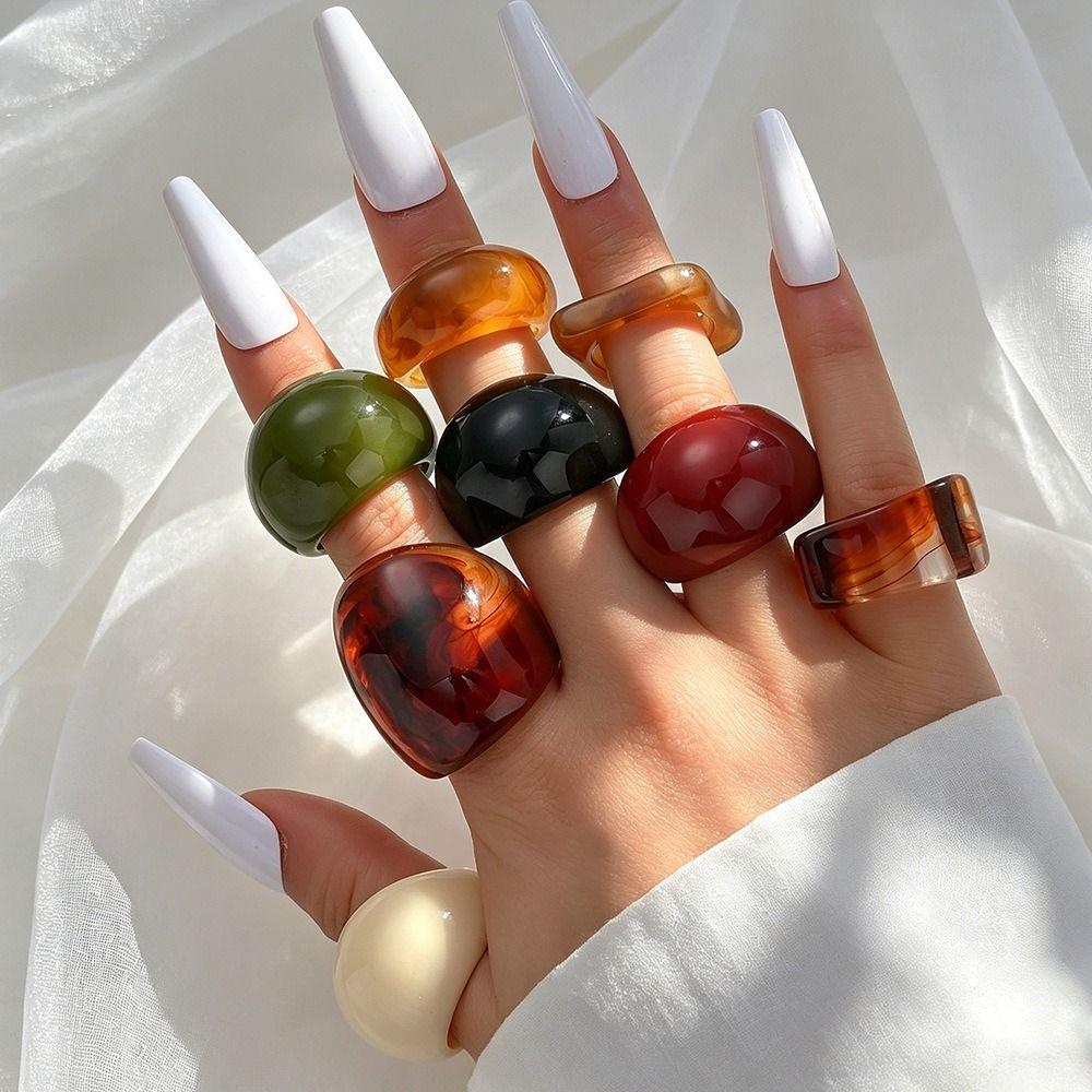 Adjustable Geometric Resin Ring Set Irregular Personality Rings Rural Vintage Resin Rings Women