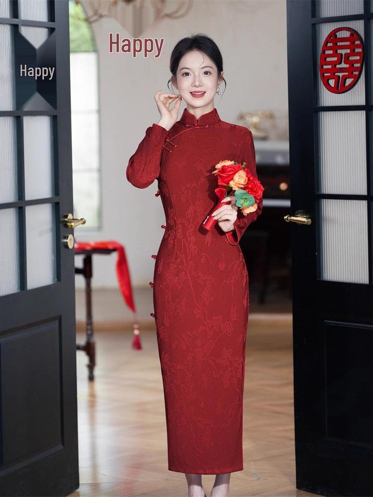 2025 Autumn Wine Red Bridal Cheongsam: Long Sleeve, Long Length Chinese Toasting Evening Gown