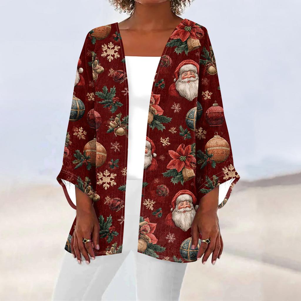 Women's Casual And Fashionable Christmas Printed Lightweight Mid Length Jacket Cardigan