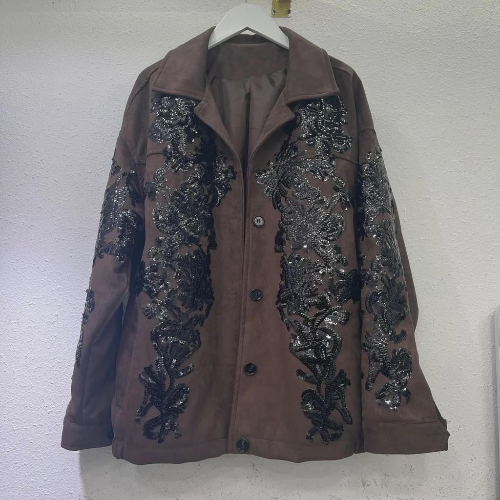 2024 Women's Brown Leather Jacket: Cool Style with Heavy Sequin Embroidery in Motorcycle Design