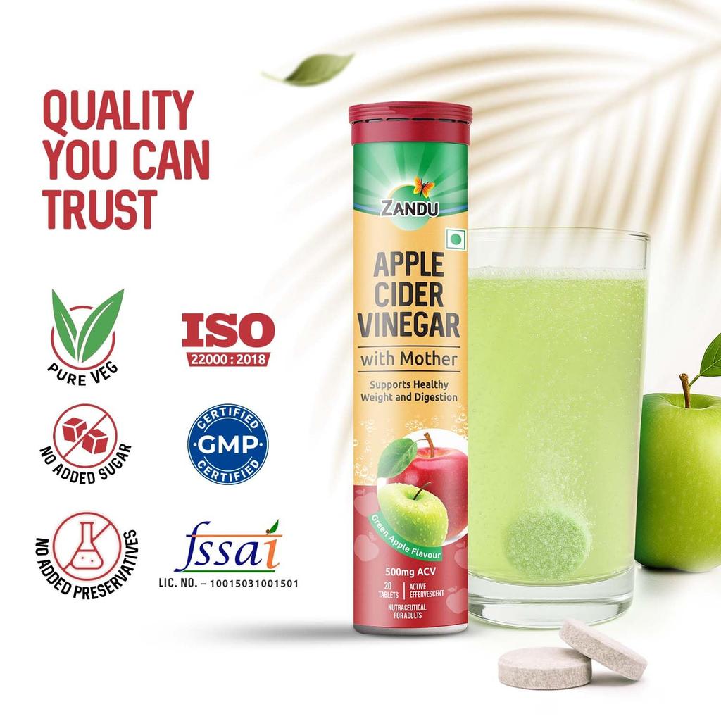 Zandu Apfelessig ACV Brausetabletten 20er Pack Grüner Apfel Geschmack Verdauungsunterstützung