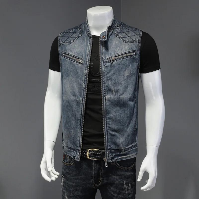 2026 Herren Motorrad Biker Denim Weste Vintage Blau Stickerei Reißverschlüsse Taschen Ärmellose Jacken Punk Cowboy Mode Weste