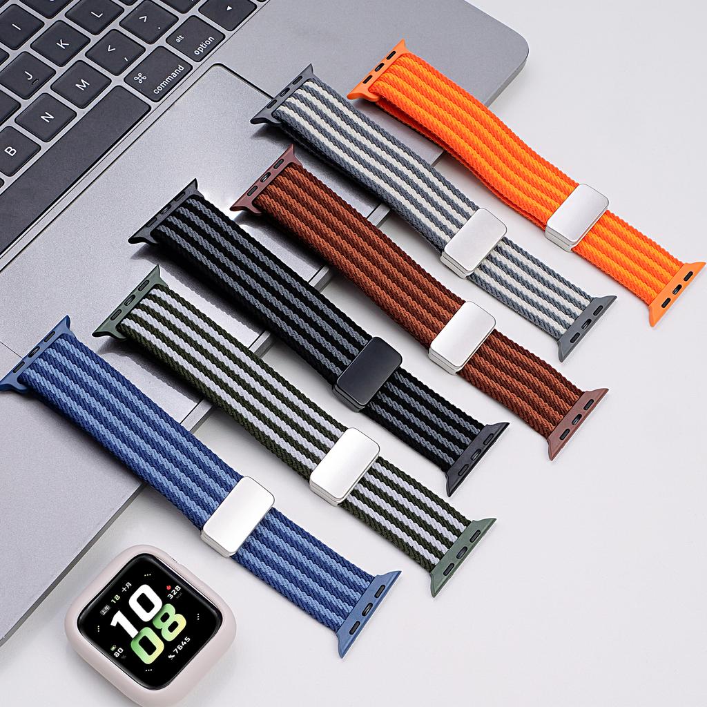 Suitable for Apple Watch with Nylon Braided Magnetic Buckle, Four Stripes, Two Color Nylon Watch Strap